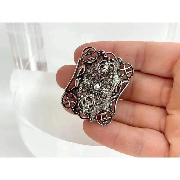 Silver Tone Filigree German Made Beaded Textured Design Vintage Scarf Clip - Picture 9 of 10